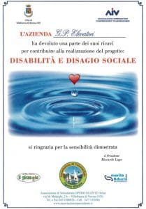 Attestato di ringraziamento per la beneficenzan a favore della disabilità e disagio sociale | GP ELEVATORI