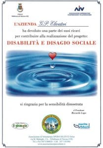 Attestato di ringraziamento per la beneficenzan a favore della disabilità e disagio sociale | GP ELEVATORI